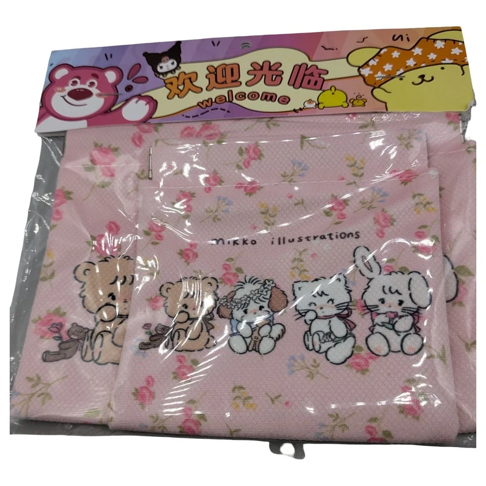 Mikko Illustrations Pink Floral Animal Character Pouch Set 2 Piece Kawaii